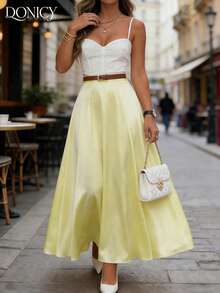 Women's Solid Gray High Waist Pleated A-Line Skirt, Business Formal Work Outfit, Suitable For Spring & Autumn - Yellow - View 6