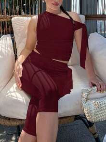 Women's Solid Color Asymmetric Shoulder Sleeveless Tie Top And Bottom Casual 2-Piece Set - 酒紅色 - 查看 7