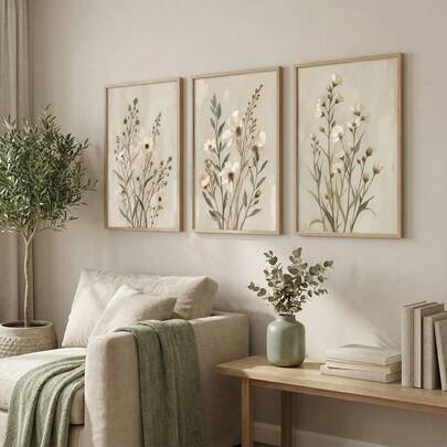 Beige, Sage And Cream Floral Poster Print Set Of 3, Neutral Wall Art, Soft Floral Home Decor, Wildflowers Boho Botanical Farmhouse Art, Flowers Modern Home Decor, Office, Living Room, Bedroom, No Frame