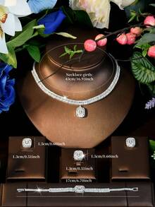 1 Set de Joyería Decorativa con Circonita Cúbica Cuadrada, Adecuado como Regalo de Aniversario para Mujeres - Plateado - Ver 7