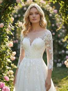 2025 New Long Sleeve Lace Embroidered Sequin Long Elegant Wedding Dress For Bridal Ceremony - Beige - View 3