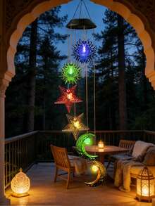 1个太阳能风铃，日月星辰设计，暖色防水LED悬挂式太阳能灯，独特仙女灯，花园户外圣诞装饰，户外纪念品，花园露台太阳能共振风铃，生日礼物，感恩节礼物，万圣节礼物，送给妈妈、奶奶、姐妹、家人的圣诞礼物，花园露台阳台派对装饰 - 日月星風鈴 - 查看 7