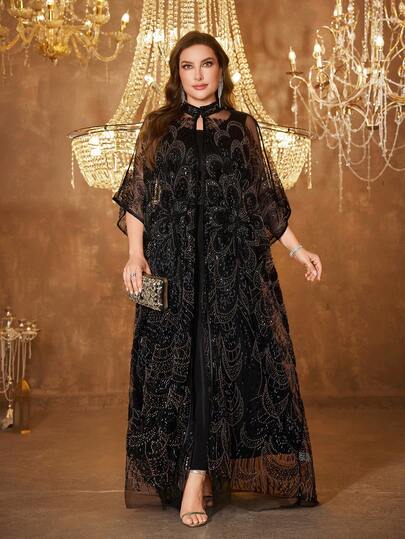 SUPGIR Vestido de noche de estilo árabe con parches florales y cuentas para mujer de talla grande