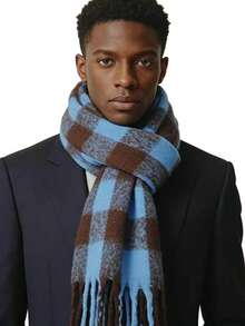 Long Plaid Polyester Scarf, Faux Cashmere Texture, Black & White Checkered Scarf: The Finishing Touch For Suit Outfits, Warm Wooly Plaid Scarf Unlocks Gentlemanly Winter Elegance - Pink Checkered - View 7