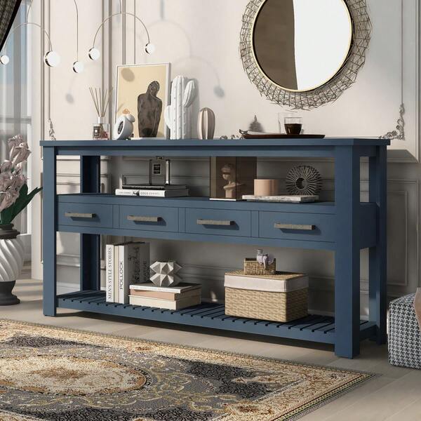 U_Style-CA Table d'entrée grande taille de 62,2 po avec 4 tiroirs, table console peinte avec 3 étagères ouvertes et poignées en métal, table polyvalente pour le couloir, le salon, la chambre, l'entrée et la cuisine