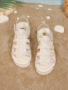 1双儿童新款白色罗马凉鞋，高品质闪亮PU材质，星形图案，厚底，魔术贴搭扣，时尚百搭，适合2-15岁男孩女孩学生夏季郊游假期穿着 - 白色 - 查看 6