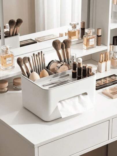 多功能桌面收纳盒，带纸巾架和手机支架 - 化妆刷收纳盒，适用于梳妆台、卧室、办公室（化妆品仅供展示）