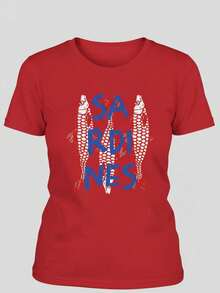 Tshirt Feminina Estilosa Estampada Sardines Lançamento Camiseta 100% Algodão Camisetão Solta Oversized Plus Size Camiseta - Maresia - Vermelho - Visão 1