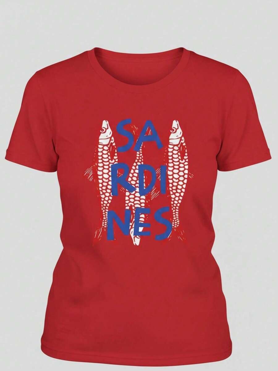 Tshirt Feminina Estilosa Estampada Sardines Lançamento Camiseta 100% Algodão Camisetão Solta Oversized Plus Size Camiseta - Maresia - Vermelho - Visão 1