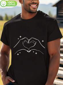 Camiseta de Algodón 100% para Hombre con Diseño de Corazones y Manos Brillantes - Camiseta Casual de Cuello Redondo Negra para Parejas. H-Fit: Comodidad para todas las estaciones. Lavable a máquina para uso en exteriores; Ropa de gimnasio. Camiseta con Estampado de Corazón - Negro - Ver 1