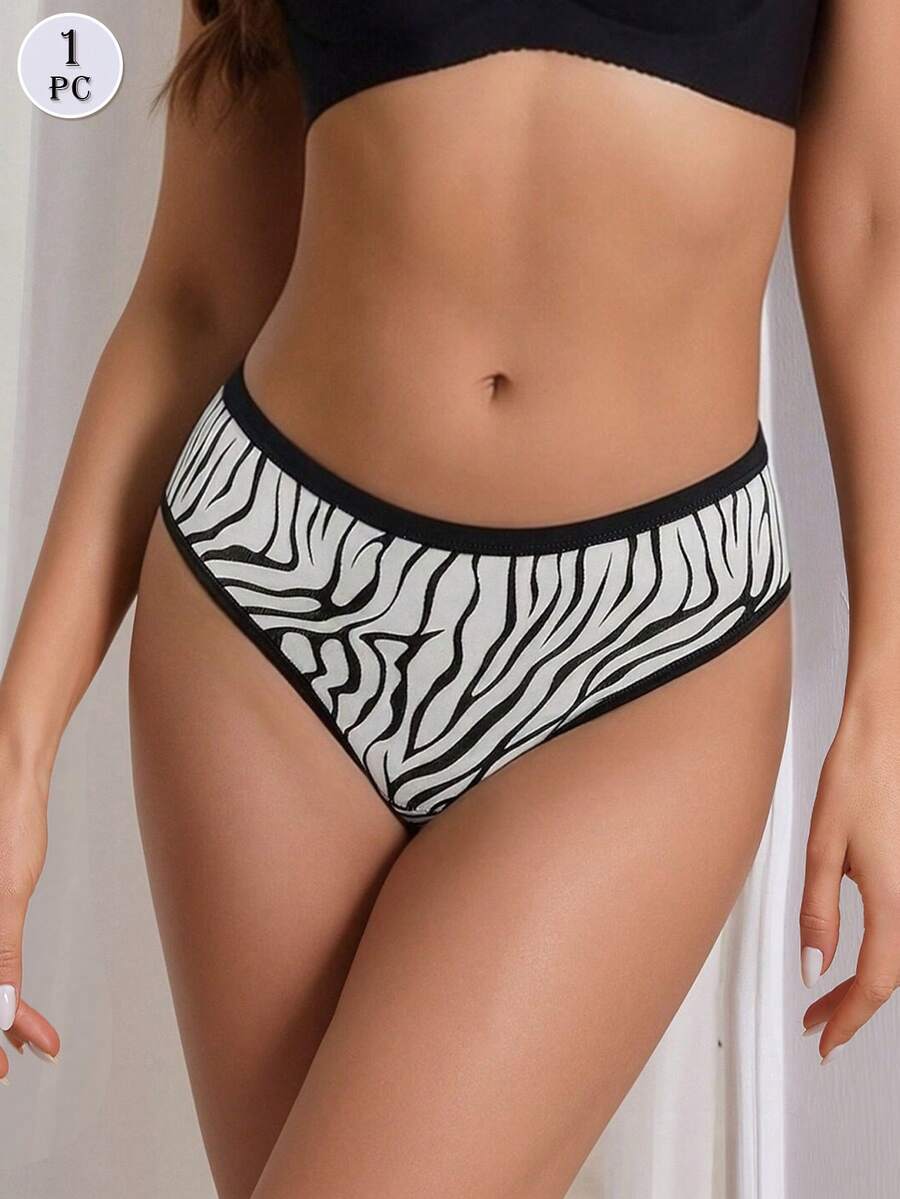 1件装女士纯棉豹纹印花三角内裤，柔软透气，女士内衣 - 黑與白 - 查看 1
