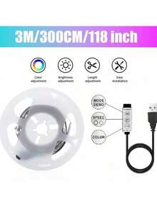 1卷RGB LED灯带，USB供电即插即用，自带背胶，安装简便，无需遥控器，可通过数据线上的按钮切换颜色和模式，适用于桌面、电视、电脑背景、节日派对、家居装饰等，多功能氛围灯带，建议1米至5米长度，可自由裁剪以适应不同场景，打造多彩温馨的个性化照明空间！ - USB-三鍵控制器 - 查看 14