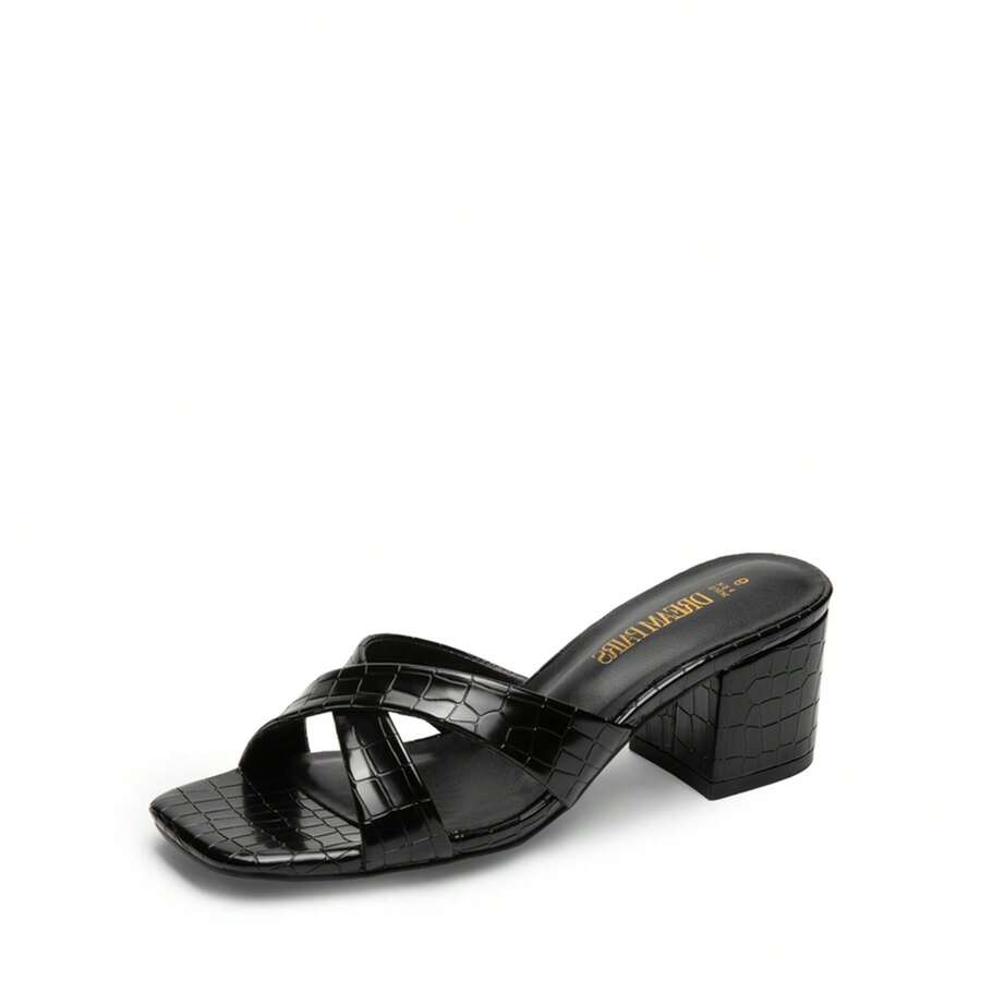 Women Chunky Low Heel Mule Sandals Crocodile Print Open Toe Slip On Heels Summer Slide Sandals - màu đen - Xem 1
