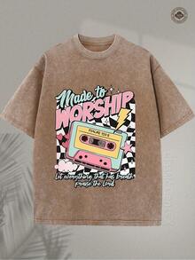 2026230G Washed Cotton High-Quality Patterned Printed T-Shirt, Vintage Christian, Made For Worship, Praise, Cassette, Men's Summer Crew Neck Short Sleeve, Suitable For Street Vintage Fashion And Outdoor Sports Leisure, Religious Gift; Unisex.,High-Quality Wax Printed Cotton Retro FashionBrand T-Shirt, Men's T-Shirt, Beach Must-Have, Men's Summer T-Shirt, Holiday Gift, Perfect Gift,Valentine's Day Gift - 紫色 - 查看 8