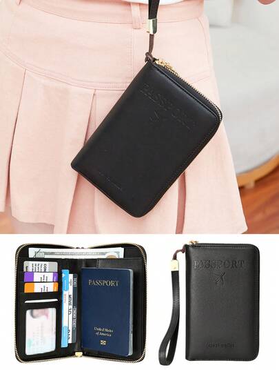 CHARM INFINITE 纯色软PU护照套，带卡袋，便携式旅行证件收纳包