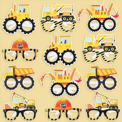 12pcs Construction Theme Paper Glasses Mask Set, Excavator Truck Birthday Party Decorations, Photo Booth Props, Baby Shower Party Supplies