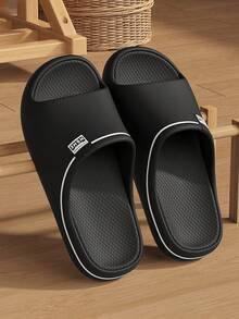 Chanclas casuales unisex de pareja, diseño minimalista de líneas y letras, zapatos cómodos y suaves para interiores para mujeres - Negro - Ver 4