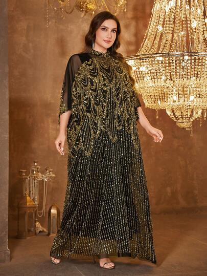  SUPGIR 大码女士立领长袖手工镶钻缎面晚礼服