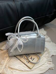Fashionable Handbag For Women, Retro Versatile Shoulder Bag, Minimalist Boston Tote Bag, Chic Bow Decor Crossbody Bag - Silver - View 8
