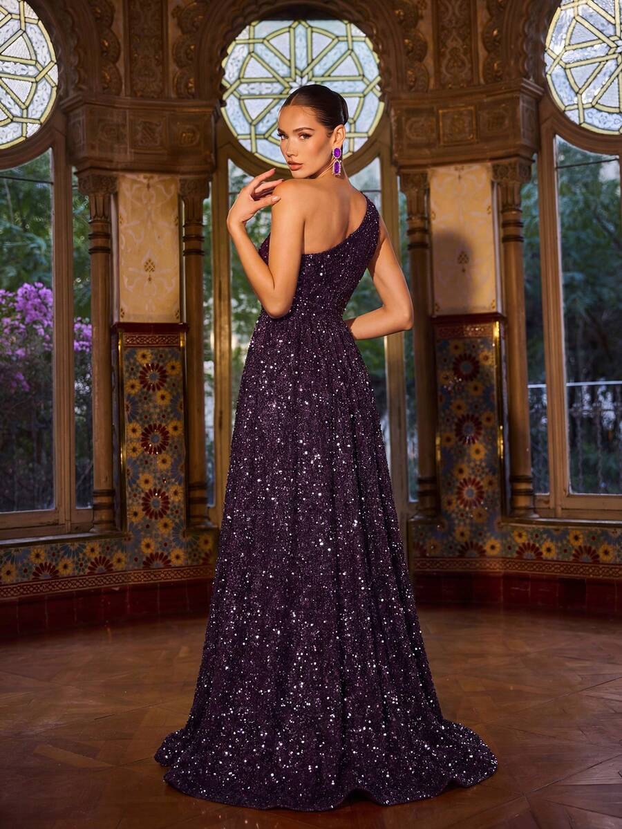 Faeriesty 优雅单肩亮片晚礼服，高开衩设计，适合婚礼宾客、浪漫摄影、正式晚宴、周年庆典、红毯活动以及更多春假派对场合。 - 紫色 - 查看 1