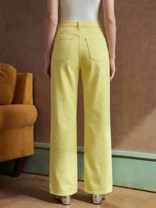 Jeans rectos de mujer de color amarillo con decoración de perlas, de moda y versátiles - Amarillo - Ver 7