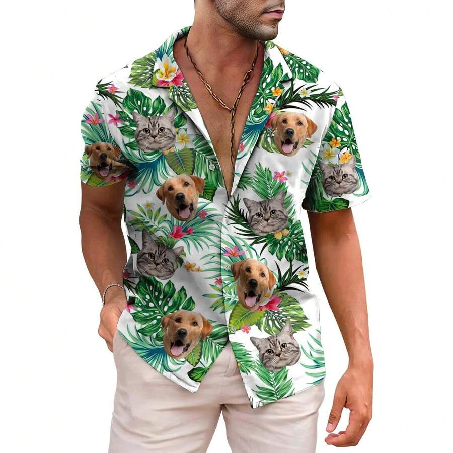 Custom Hawaiian Shirt With Face Logo, Personalized Photo Picture Short Sleeve Button Down Shirts For Men Women Kids Youth - Lá cọ nhiệt đới màu xanh trên nền trắng - Xem 1