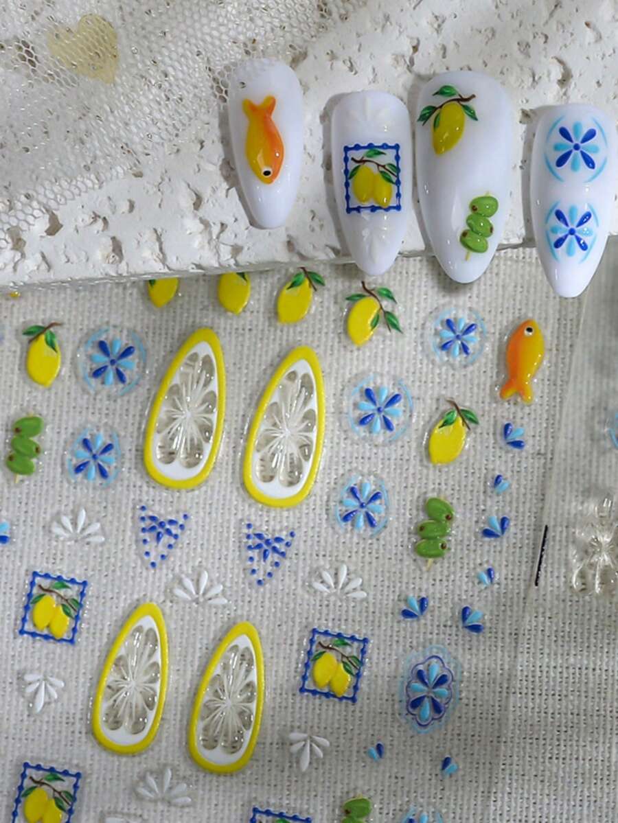 1Pc Bohemian Style Nail Art Stickers , Lemon,Fish Phone Case DIY Stickers, Fruit Painting Nail Art Stickers - Multicolor - View 1
