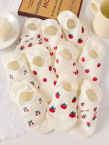 5 Pairs Cherry & Strawberry Pattern White Women's Boat Socks, Non-Slip, Breathable, Suitable For Spring/Summer - White - View 6