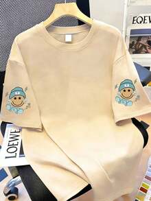 Women's Casual Fashion Creative Checkerboard, Cartoon Smiling Face, Skateboard Graphic, Funny Slogan Printed Basic Short Sleeve T-Shirt - Beige - View 2