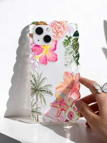 1pc Ocean Elements Vacation Style Hibiscus, Starfish, Sea Turtle, Palm Tree Wave Knitted Silicone Anti-Drop Transparent Phone Case Compatible With IPhone 11/12/13/14/15/16/17 Pro Max - Multicolor - View 3