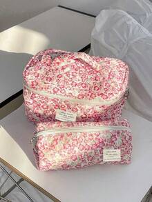 3pcs/1pc Printed Quilted Cosmetic Bag, Lightweight Travel Makeup Bag, Large Capacity Multi-Functional Cosmetic Organizer Pouch, Zipper Closure, For Women, Girls, Home, Travel, Holiday And School Use - Multicolor - View 5