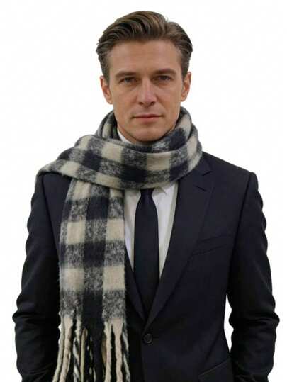 Long Plaid Polyester Scarf, Faux Cashmere Texture, Black & White Checkered Scarf: The Finishing Touch For Suit Outfits, Warm Wooly Plaid Scarf Unlocks Gentlemanly Winter Elegance