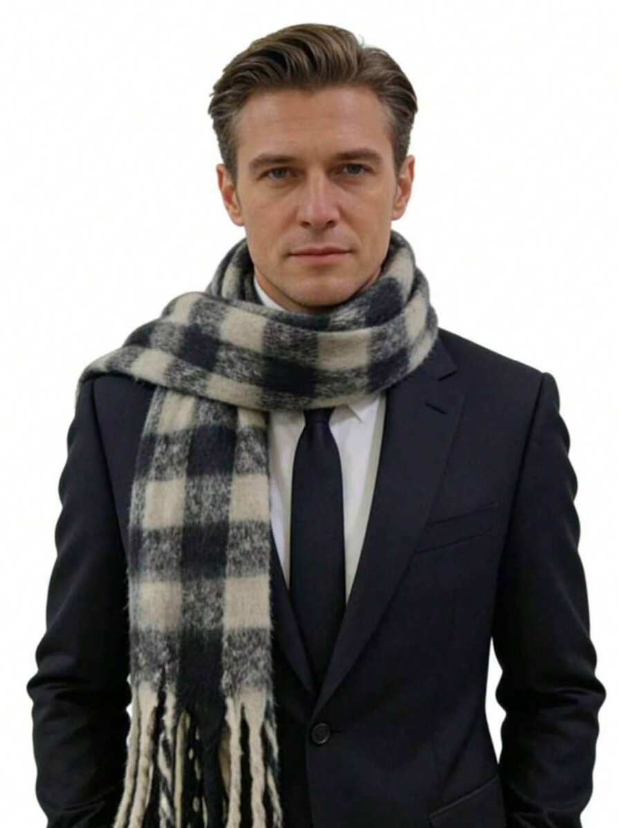 Long Plaid Polyester Scarf, Faux Cashmere Texture, Black & White Checkered Scarf: The Finishing Touch For Suit Outfits, Warm Wooly Plaid Scarf Unlocks Gentlemanly Winter Elegance - Pink Checkered - View 1