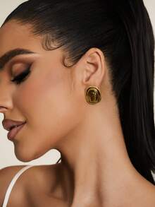 1pair European & American INS Celebrity Elegant Oval Shape Natural Stone Stainless Steel Earrings, Suitable For Autumn/Winter - Gold - View 3