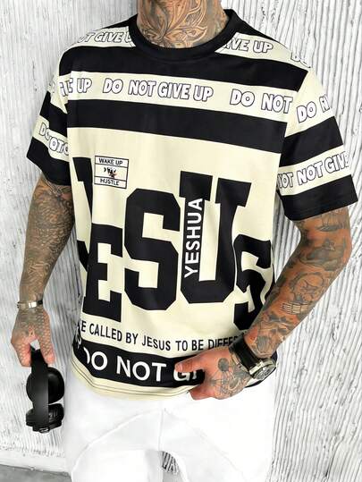 YUNCHIC European And American Street Style Contrast Color Striped Short Sleeve T-Shirt Men, JESUS Letter Print Inspirational Slogan Loose Fit Plus Size Top