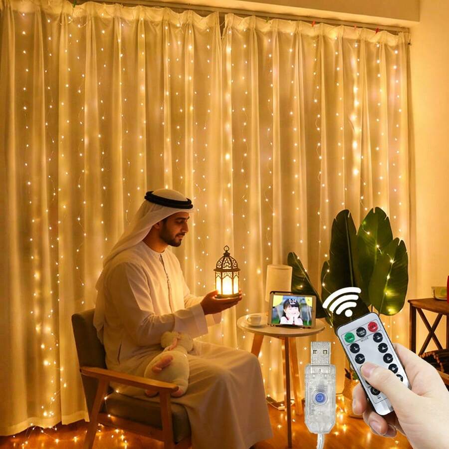 1pc LED Curtain String Lights, USB Powered With 8 Flashing Modes, Remote Control Fairy Lights For Holiday, Wedding, Birthday, Festival, Easter, Valentine's Day Decoration
