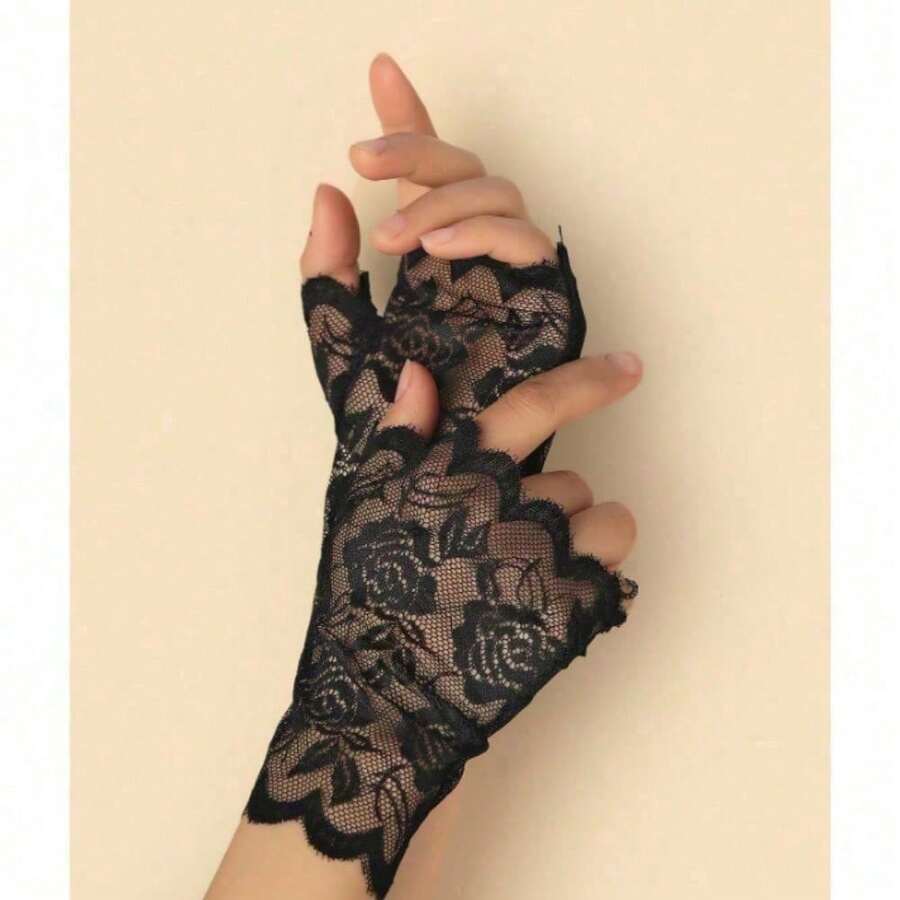1 Pair Of Sexy Solid Lace Gloves For Christmas And Valentine's Day - màu đen - Xem 1