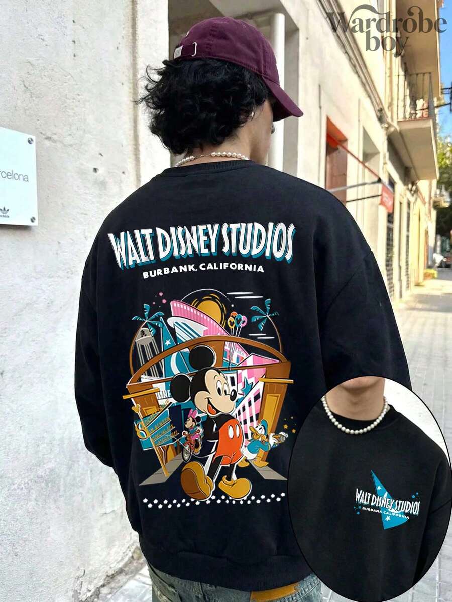 Disney Printed Pullover Sweatshirt, Men's Mickey And Friends Walt Disney  Print Sweatshirt, Unisex, High-Quality, Suitable For Spring And Autumn, Comfortable And Breathable | Exquisite Design | Best Choice For Gifting - 黑色 - 查看 1