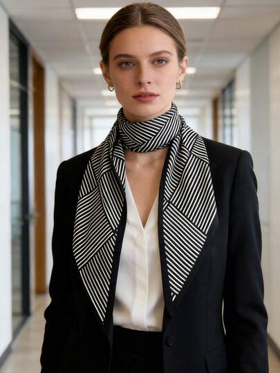 1pc Fashionable Minimalist Retro Black And White Striped Triangular Scarf, Suitable For Daily Office, Vacation And Other Occasions