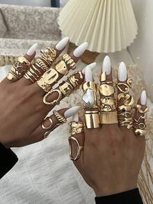 20/10/3件套复古优雅休闲硬币灵感女士金属戒指套装，包含不对称几何镂空心形、珍珠、荷叶边多元素设计，适合日常、休闲、节日、派对、礼品等场合。 - 金色6 - 查看 5