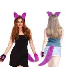 3pcs Halloween Animal Costume Set, Including Wolf & Cat Ears, Fox Tail, Furry Headband And Claw Gloves, Suitable For Parties - Multicolor - View 6