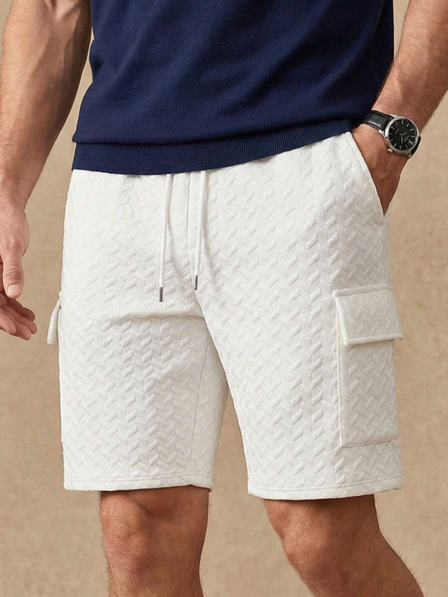 شورت صيفي رجالي كاجوال أنيق للارتداء اليومي أبيض مع جيوب كبيرة وملمس جاكارد، مناسب للعطلات والارتداء على الشاطئ - أبيض - مشاهدة 1