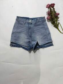 Fashionable Women's Denim Mini Shorts Straight Leg Design High Stretch Fabric With Button And Zipper - Baby Blue - View 6