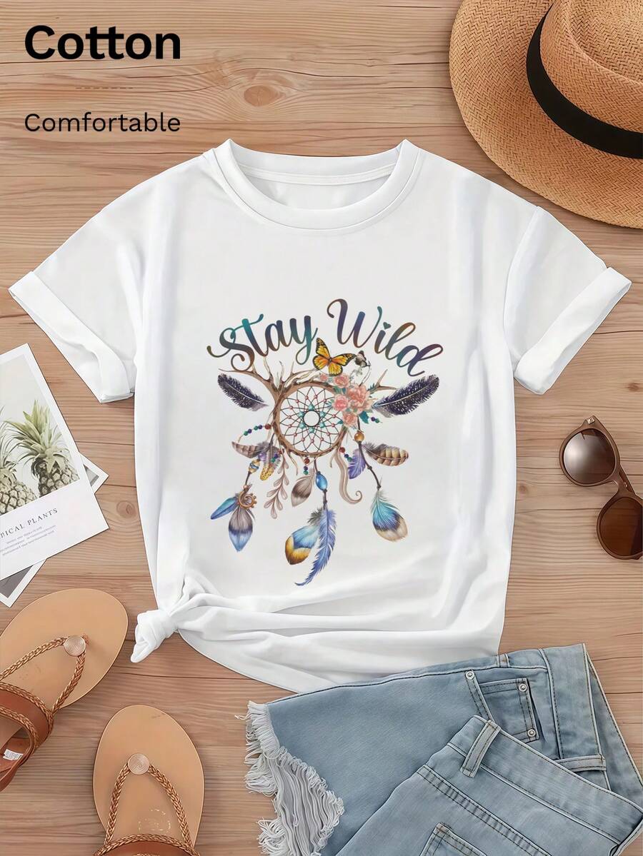 Spring/Summer New Cotton Stay Wild Dreamcatcher Print T-Shirt, Comfortable And Stylish For The Bohemian Soul - 白色 - 查看 1