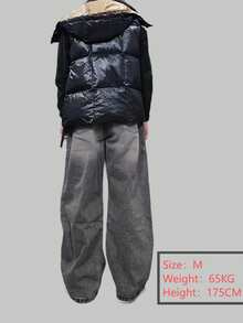 1pc Justice Brother Vintage Washed Loose Fit Wide Leg Jeans, Casual & Couple Style (Distressed Hem) - Grey - View 9