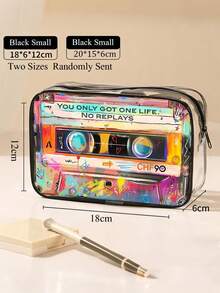 New Retro Cassette Tape Pattern PVC Cosmetic Bag, Theme "You Only Live Once, Can't Redo", Zipper PVC Travel Organizer Bag, Lightweight Fade-Resistant Makeup And Toiletry Pouch, Women/Girls Portable Makeup Case, Easy-To-Wipe Design, Technological Organizer | Modern Aesthetics | Fade-Resistant Material, Travel Essentials, Vacation Summer Back To School Supplies Bag, Waterproof Travel Toiletry Bag - Multicolor - View 5