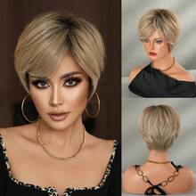 7JHH WIGS Peluca de cabello sintético resistente al calor de 8 pulgadas con flequillo, raíces oscuras y aspecto natural, ideal para uso diario, disfraces, cosplay y estilo cotidiano (sin enredos, ligera) - Rubia beige estilo bob corto para mamá elfa - Degradado Beige - Ver 12