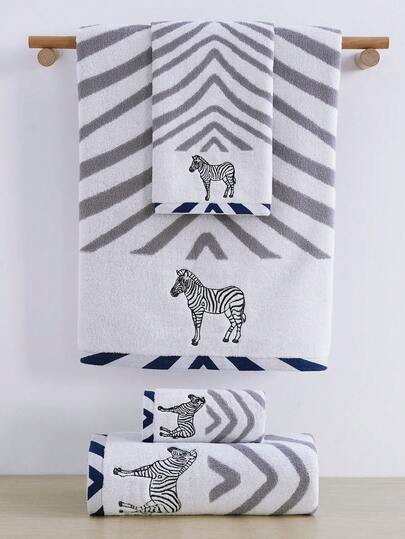QIBHI 3/2/1件装纯棉条纹刺绣浴巾/手巾，斑马纹田园风格，情侣浴巾/毛巾，吸水性强，柔软舒适，适用于浴室、酒店、健身房、旅行、礼品、沙龙、运动、户外、海滩、学校、返校季、旅行配件、家居用品、毛巾、护肤品