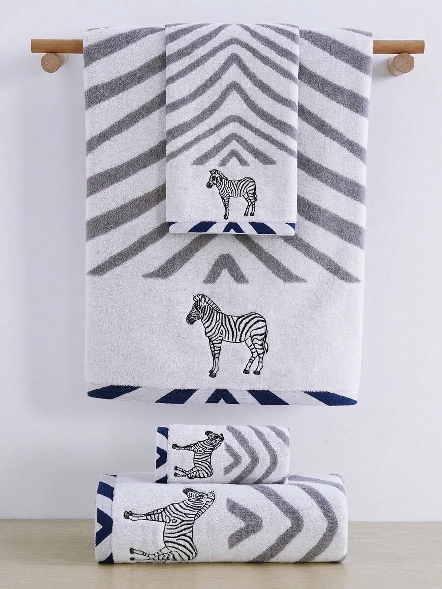 QIBHI 1/2/3 pièces en option, serviette de bain ou serviette de toilette en pur coton rayée et brodée, serviette de couple style pastoral zébré, absorbante et douce, convient pour la salle de bain, l'hôtel, la salle de sport, les voyages, les cadeaux, le salon, les sports, l'extérieur, la plage, l'école, la rentrée scolaire, les articles essentiels pour la maison, serviette, soins de la peau