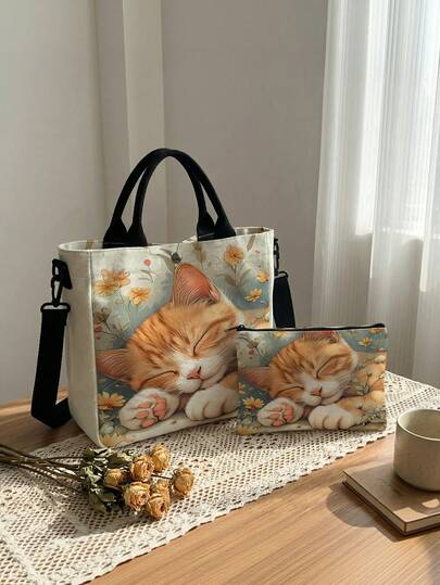 Random Pattern Tote Bag With Matching Pouch, Lightweight Shoulder Bag, Handbag, Suitable For Commuting, Shopping, Students, Fashion Bag, Great Gift Choice